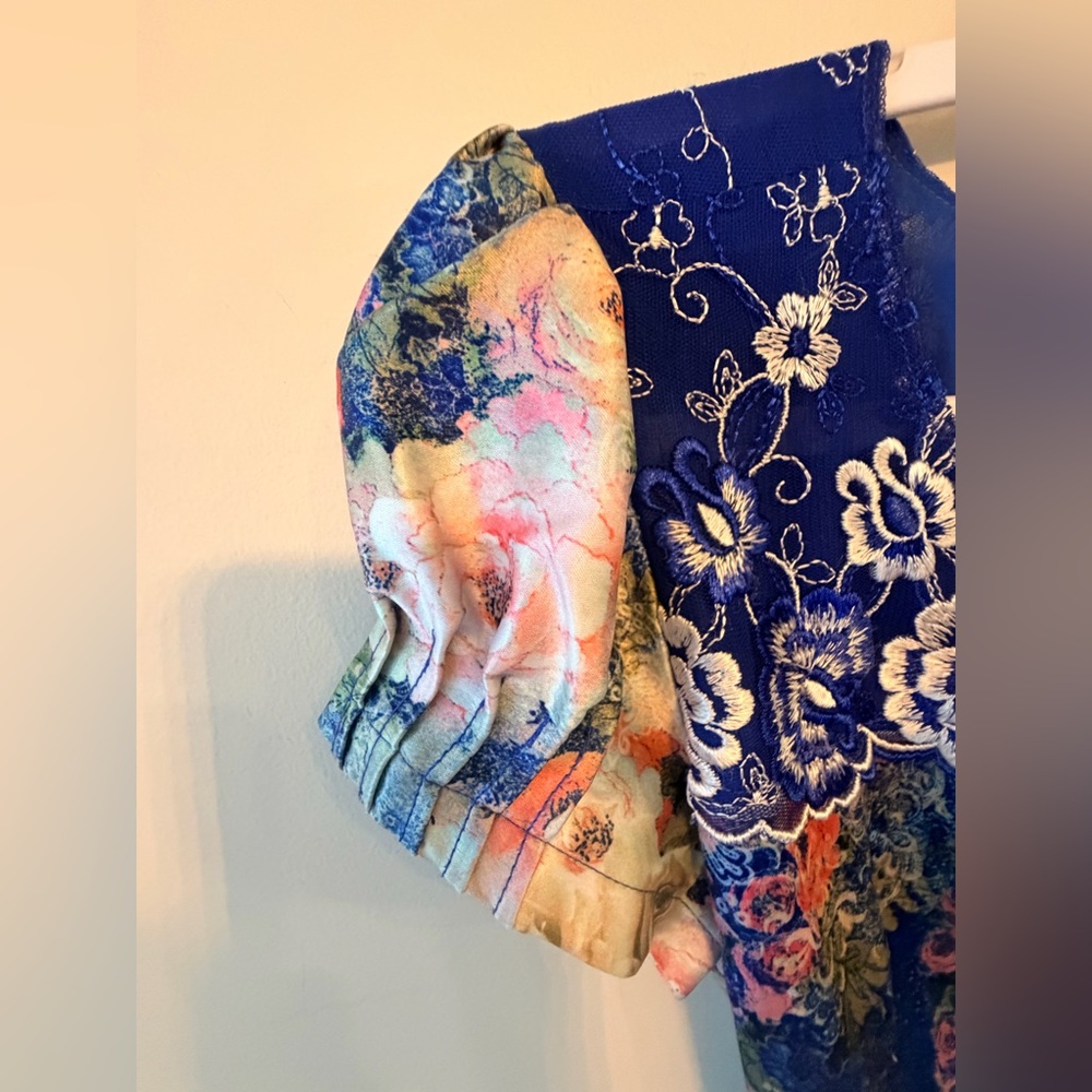 Satin Floral Embroidered Boho Top Puff Sleeve Pockets - Picture 4 of 11
